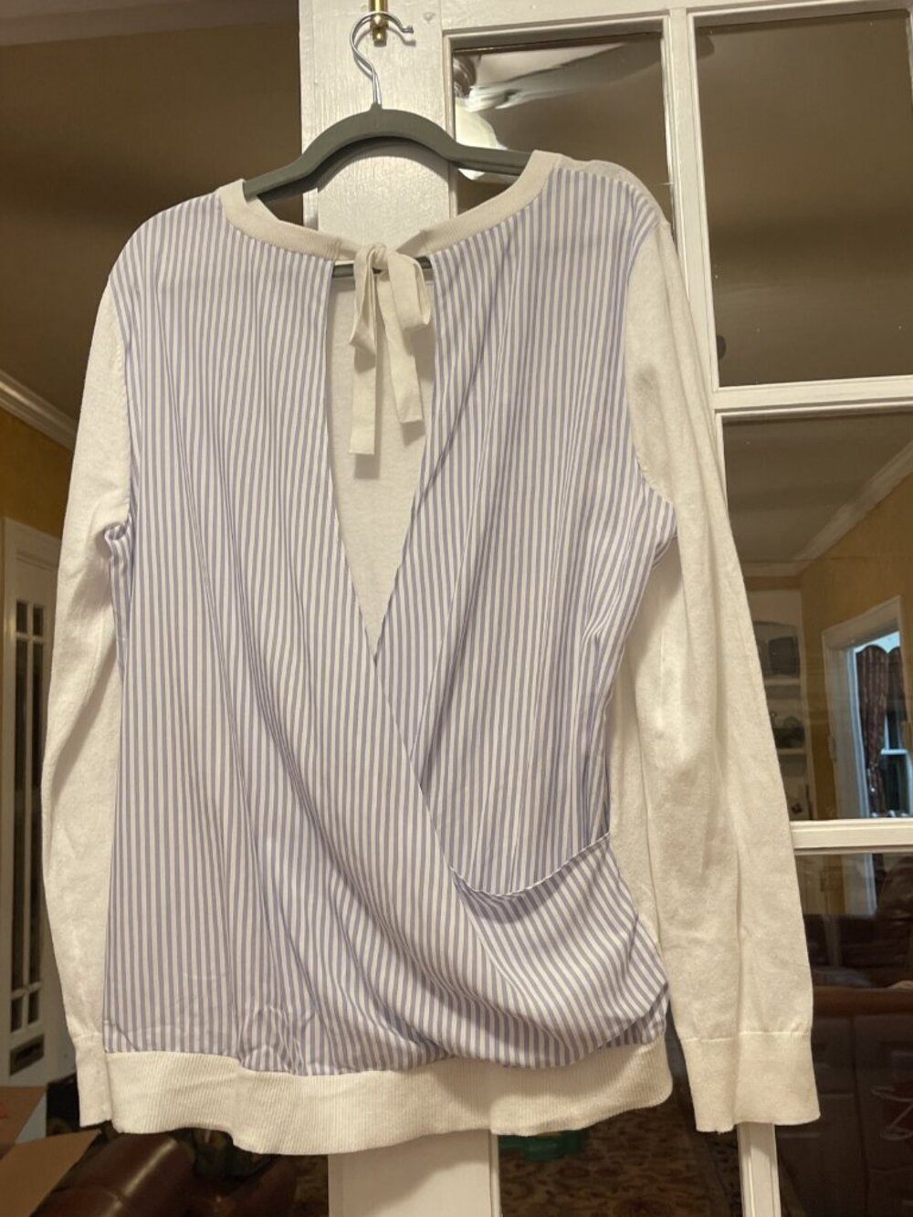 LOFT Tie Open Back Sweater Knit Front Rayon Striped Back Blue white Striped L